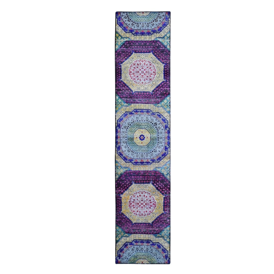 Sari Silk with Textured Wool Mamluk Design Hand Knotted Wide Runner: Title: Sari Silk with Textured Wool Mamluk Design Hand Knotted Wide Runner Description:This is a truly genuine one-of-a-kind. It has been Knotted for months and months in the centuries-old weaving
