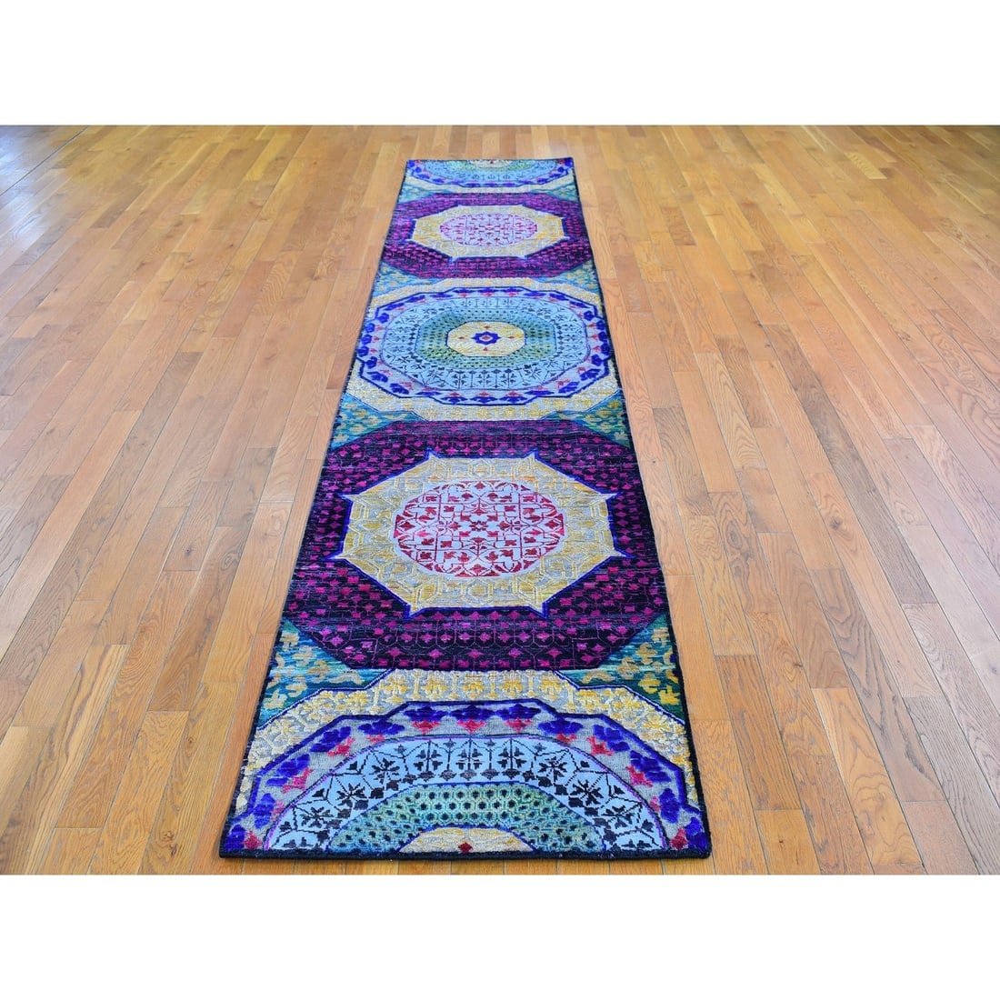 Sari Silk with Textured Wool Mamluk Design Hand Knotted Wide Runner - 2