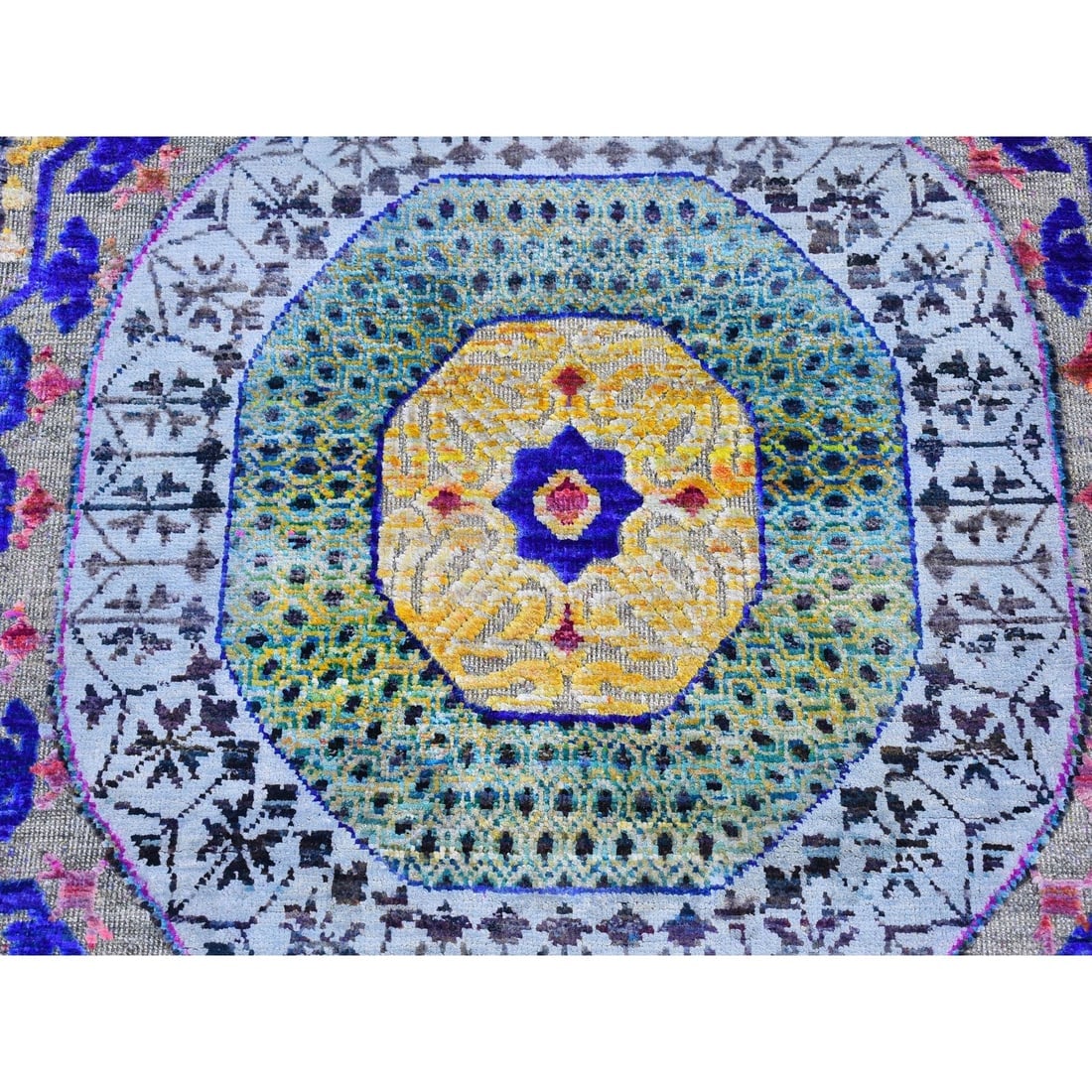 Sari Silk with Textured Wool Mamluk Design Hand Knotted Wide Runner - 3