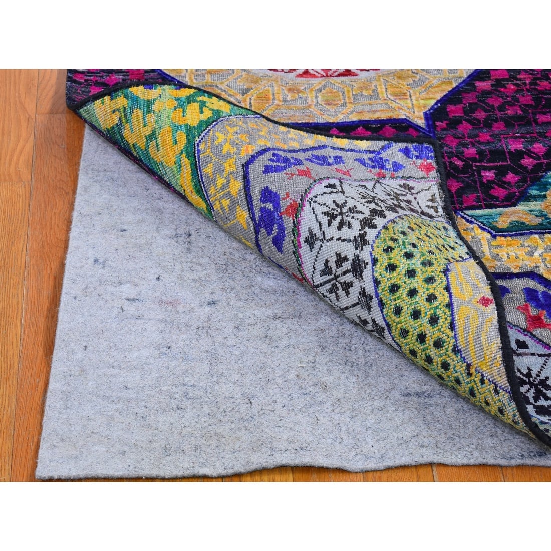 Sari Silk with Textured Wool Mamluk Design Hand Knotted Wide Runner - 5