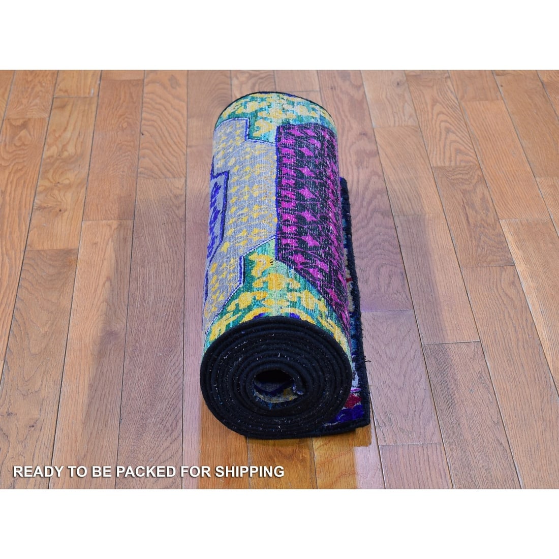 Sari Silk with Textured Wool Mamluk Design Hand Knotted Wide Runner - 6