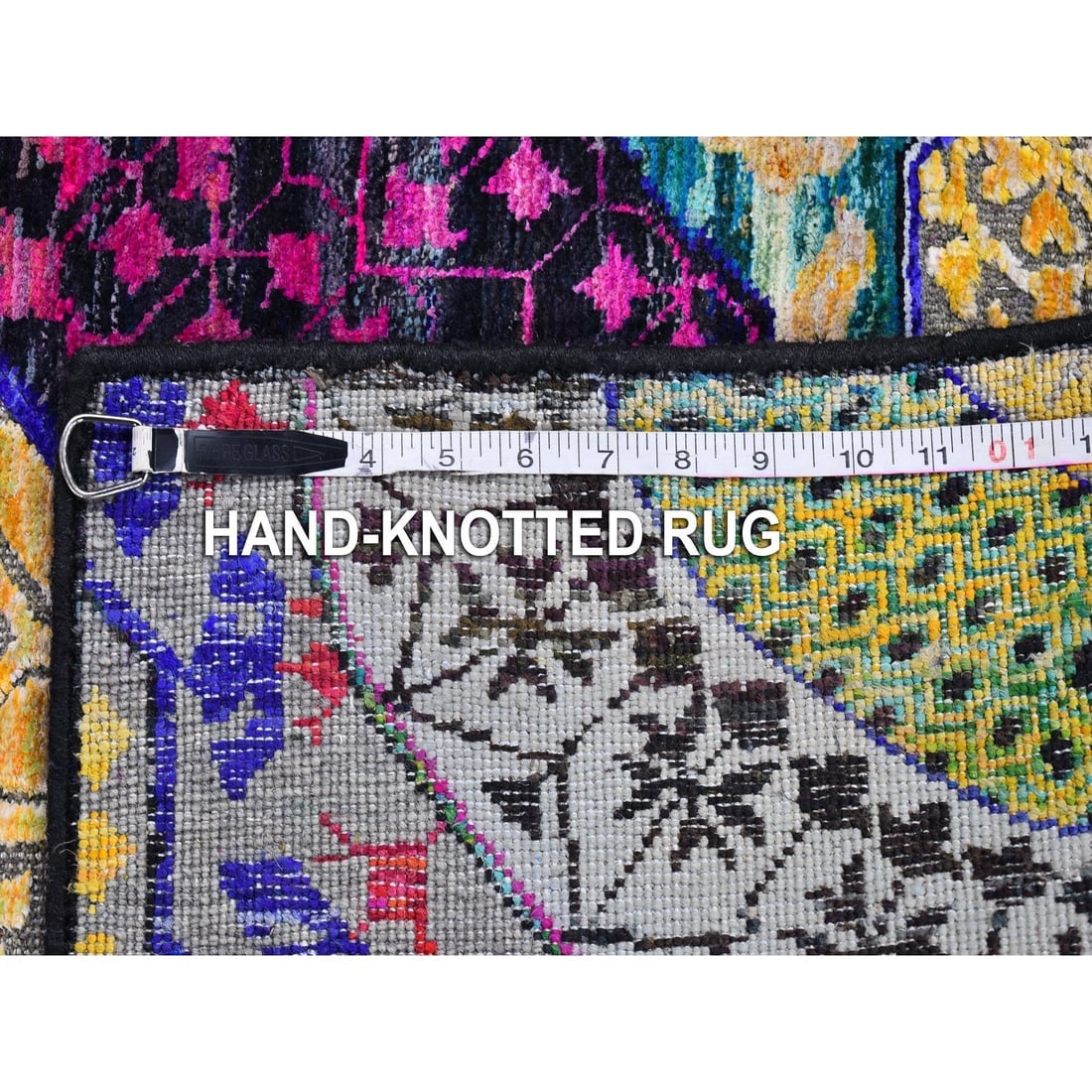Sari Silk with Textured Wool Mamluk Design Hand Knotted Wide Runner - 8