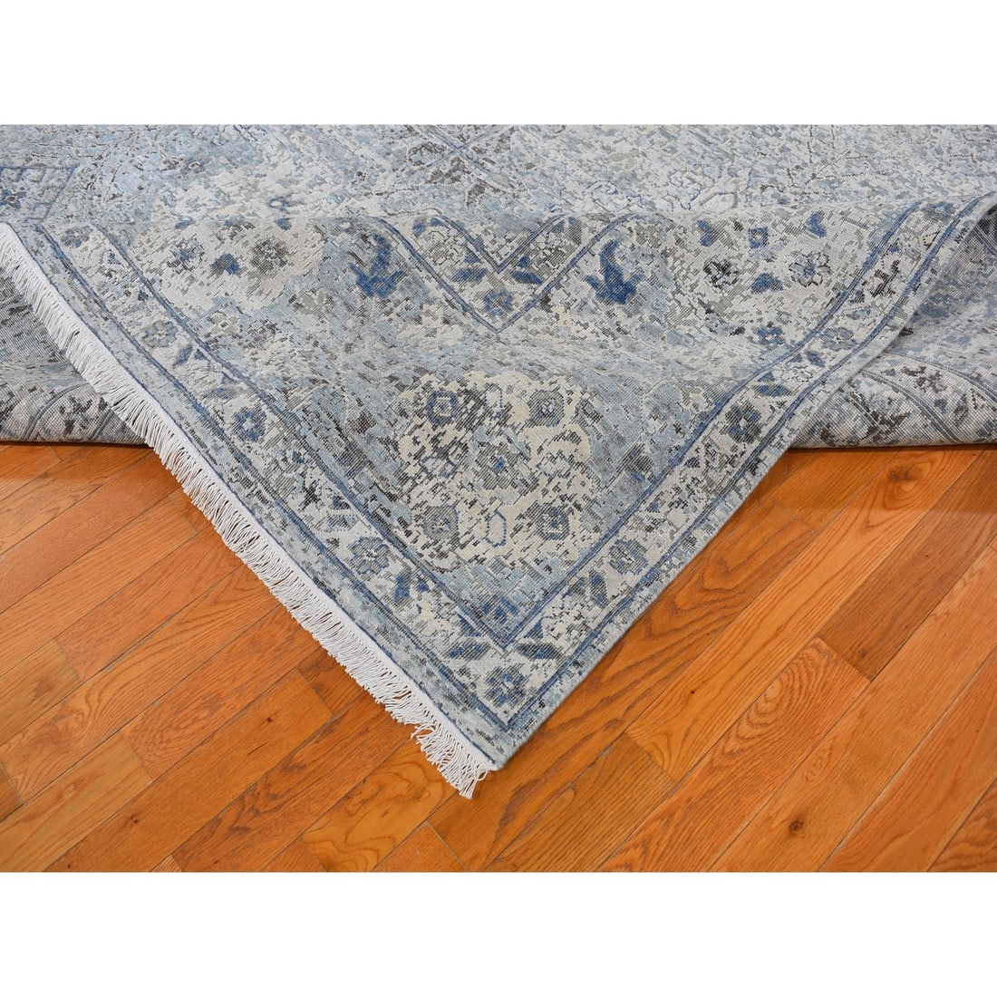 Blue Distressed Oushak Pure Silk with Textured Wool Hand Knotted Rug - 6
