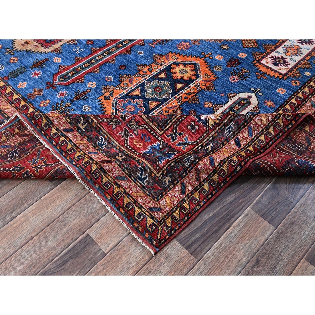 Blue Afghan Caucasian Design Revival Hand Knotted Soft Wool Square Rug - 7