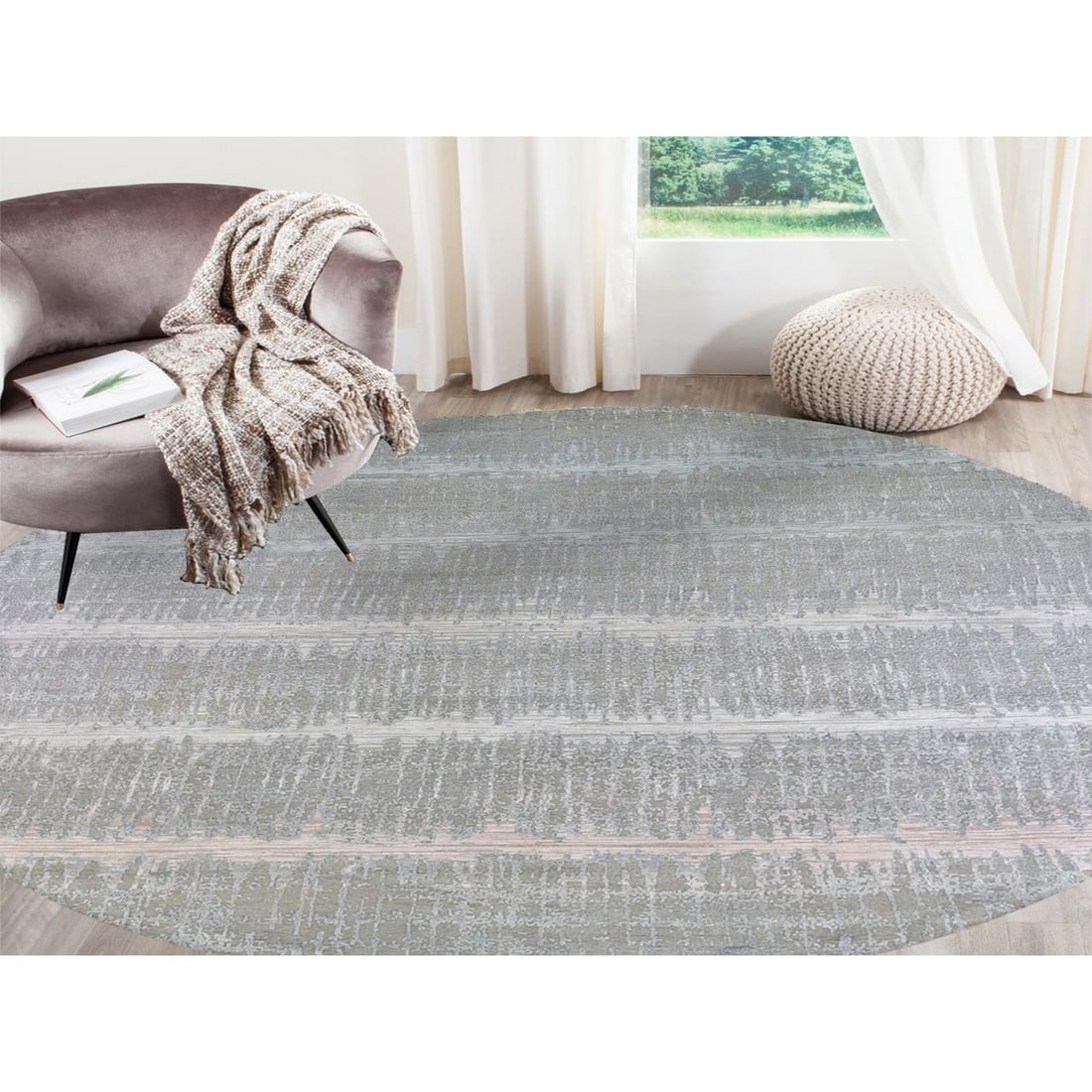 Cardiac Design with Pastel Colors Round Textured Wool and Pure Silk Rug - 2