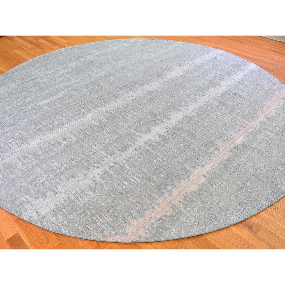 Cardiac Design with Pastel Colors Round Textured Wool and Pure Silk Rug - 4