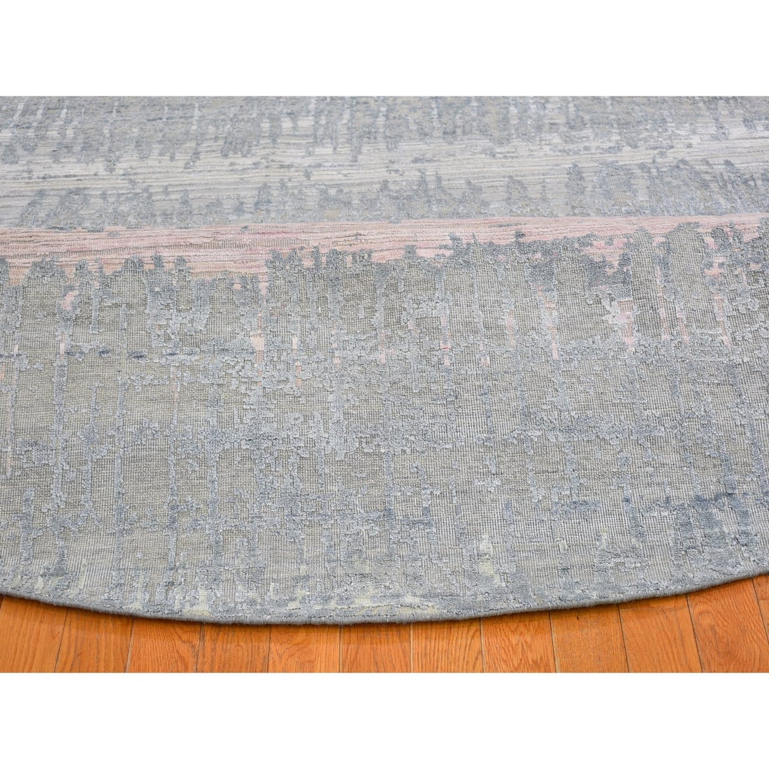 Cardiac Design with Pastel Colors Round Textured Wool and Pure Silk Rug - 7
