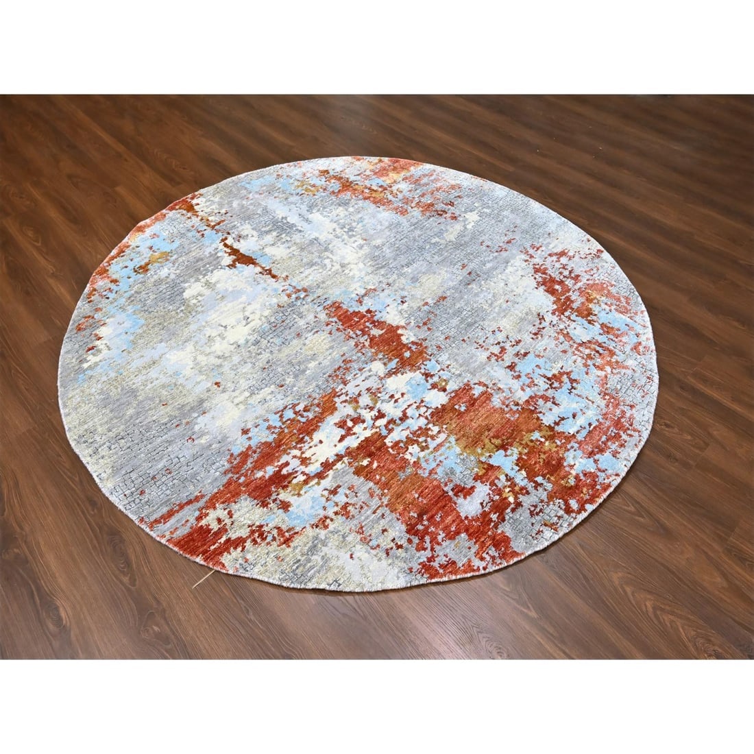 Burnt Orange Abstract Mosaic Design Wool and Silk Hand Knotted Round Rug - 2