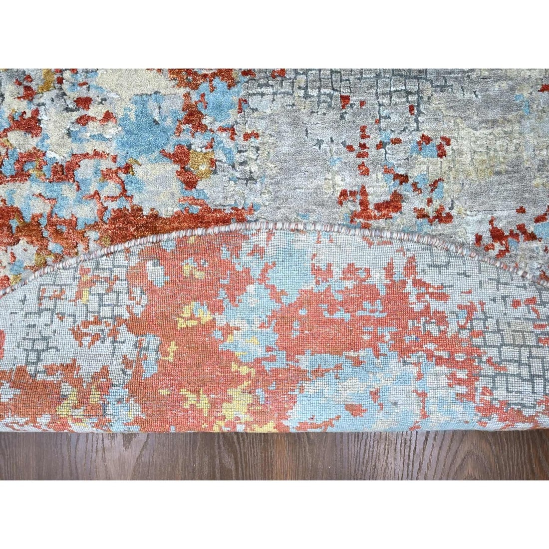 Burnt Orange Abstract Mosaic Design Wool and Silk Hand Knotted Round Rug - 3