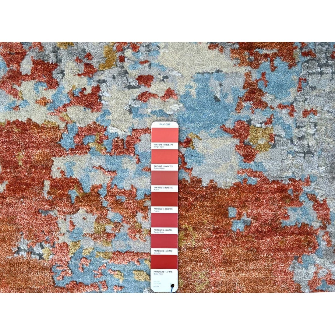 Burnt Orange Abstract Mosaic Design Wool and Silk Hand Knotted Round Rug - 4