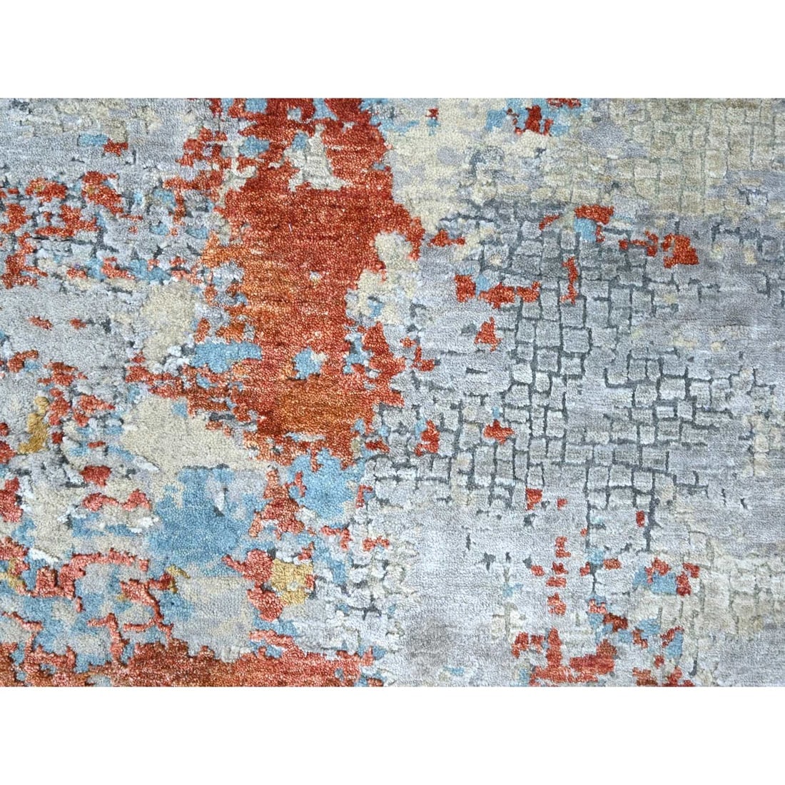 Burnt Orange Abstract Mosaic Design Wool and Silk Hand Knotted Round Rug - 5