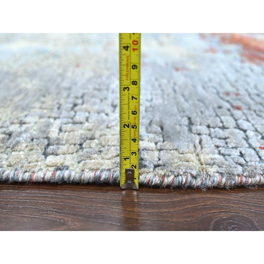 Burnt Orange Abstract Mosaic Design Wool and Silk Hand Knotted Round Rug - 7