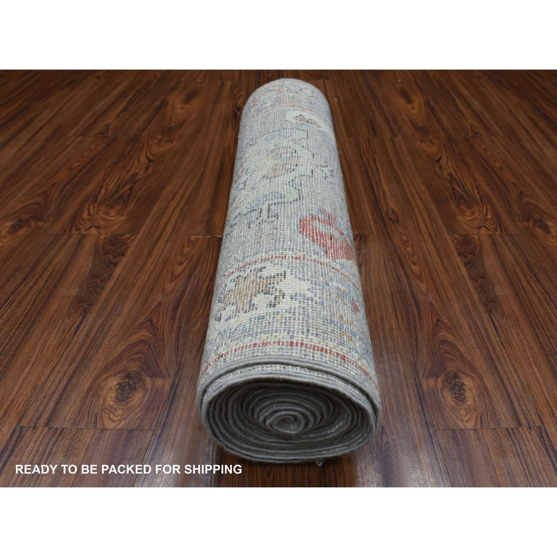Gray Afghan Angora Oushak with Touches of Red Hand Knotted Wool Rug - 4