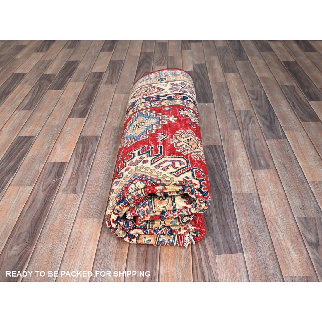 Red Hand Knotted Densely Woven Kazak Shiny Wool Oriental Rug - 9