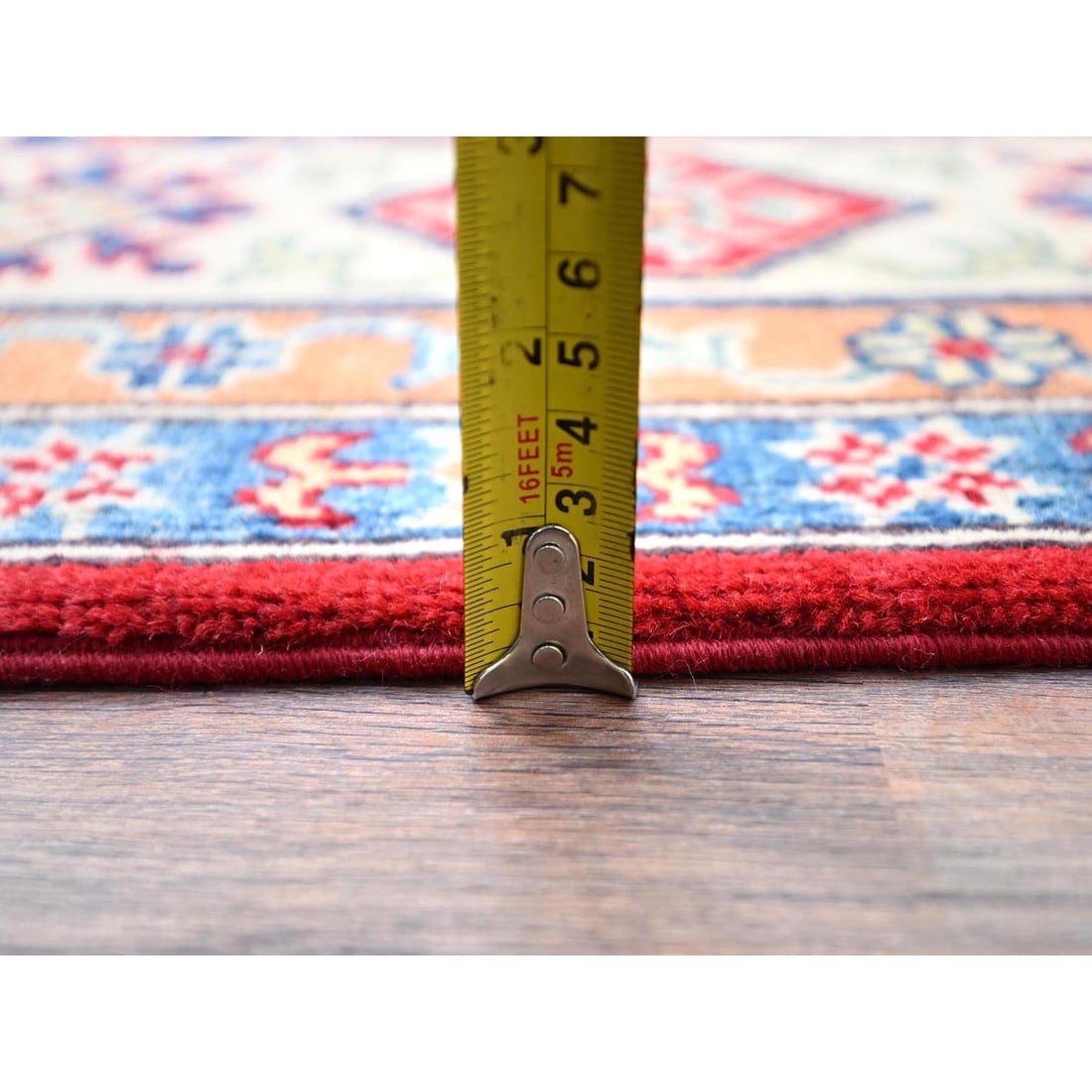 Red Hand Knotted Densely Woven Kazak Shiny Wool Oriental Rug - 10