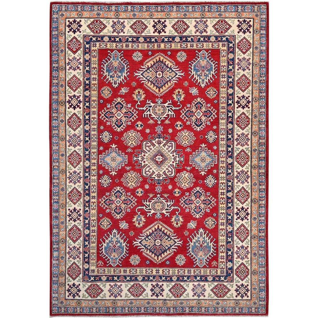 Red Hand Knotted Densely Woven Kazak Shiny Wool Oriental Rug: Title: Red Hand Knotted Densely Woven Kazak Shiny Wool Oriental Rug Description:This is a truly genuine one-of-a-kind. It has been Knotted for months and months in the centuries-old weaving