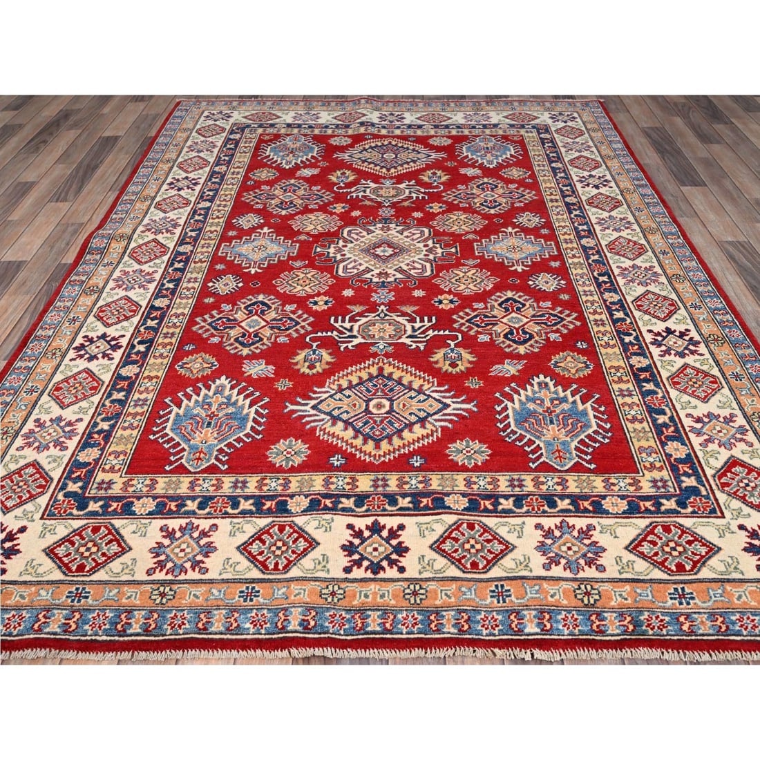 Red Hand Knotted Densely Woven Kazak Shiny Wool Oriental Rug - 2