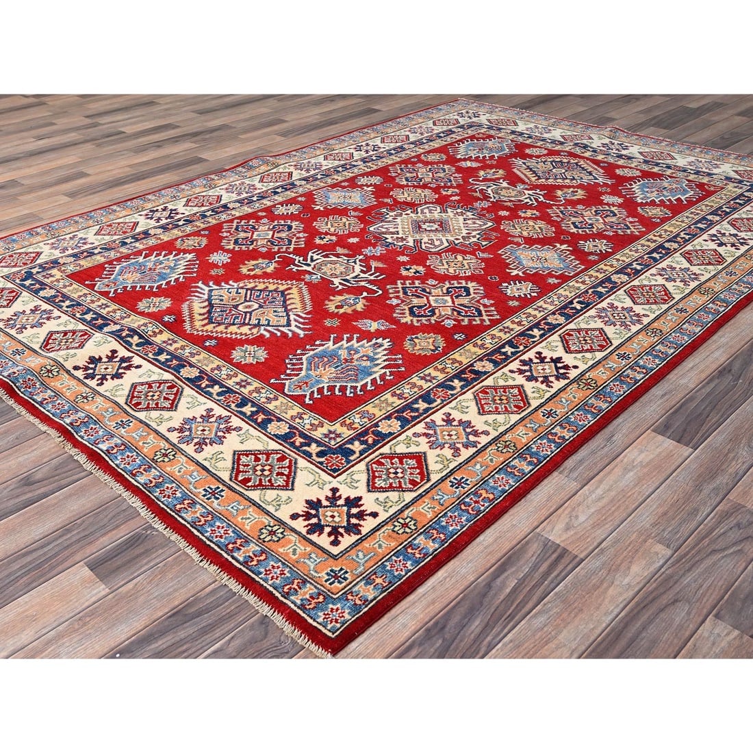Red Hand Knotted Densely Woven Kazak Shiny Wool Oriental Rug - 3