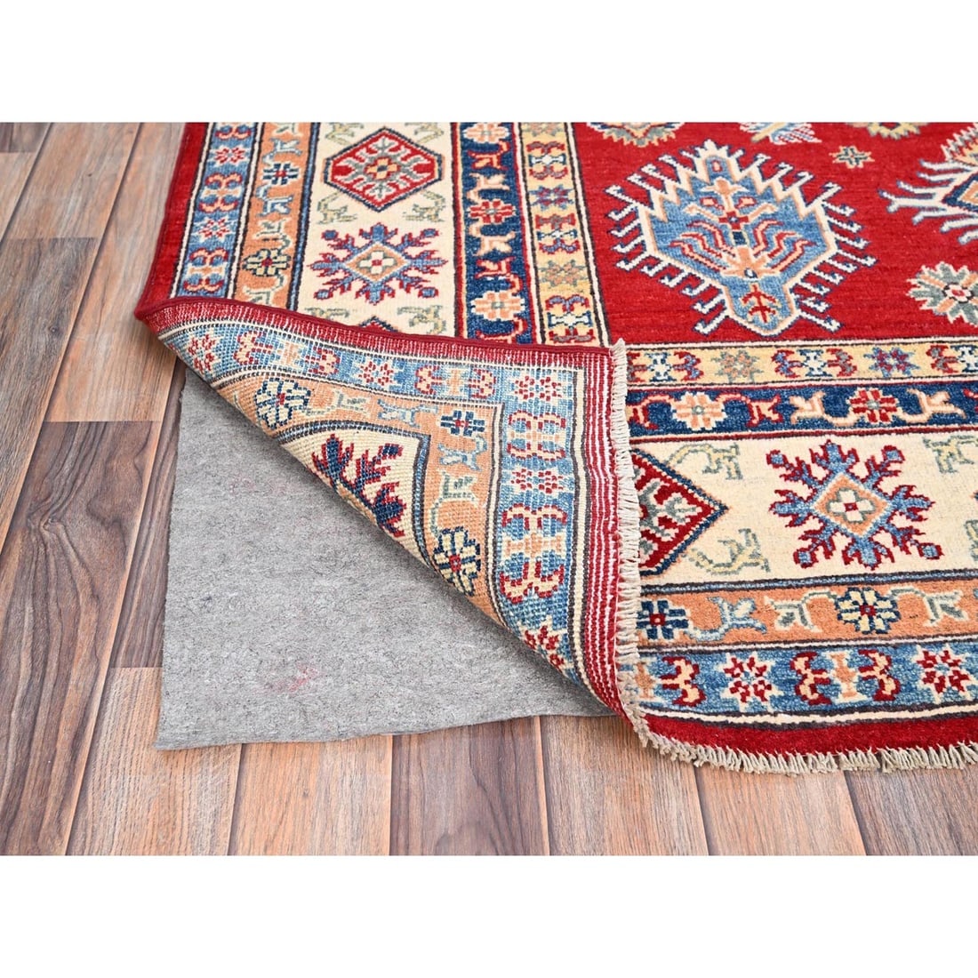 Red Hand Knotted Densely Woven Kazak Shiny Wool Oriental Rug - 4