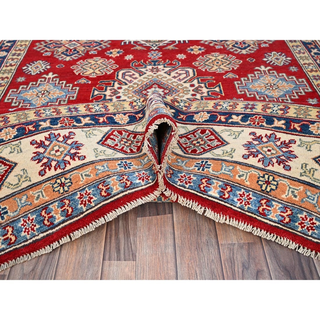 Red Hand Knotted Densely Woven Kazak Shiny Wool Oriental Rug - 5