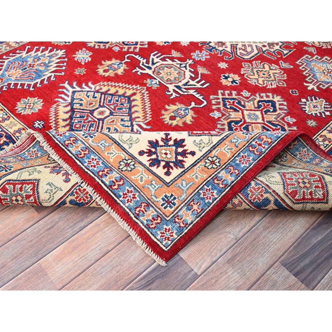 Red Hand Knotted Densely Woven Kazak Shiny Wool Oriental Rug - 6