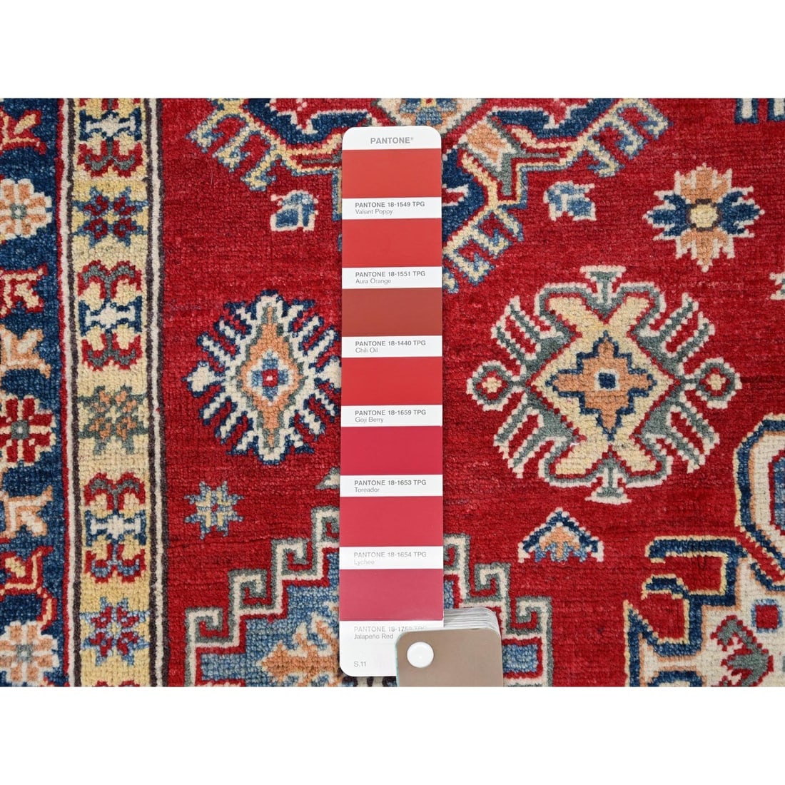 Red Hand Knotted Densely Woven Kazak Shiny Wool Oriental Rug - 7