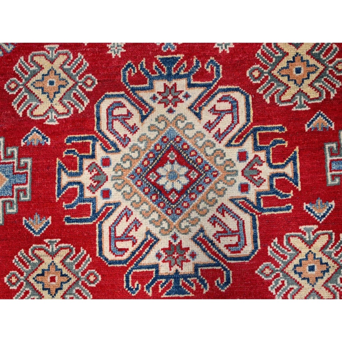Red Hand Knotted Densely Woven Kazak Shiny Wool Oriental Rug - 8