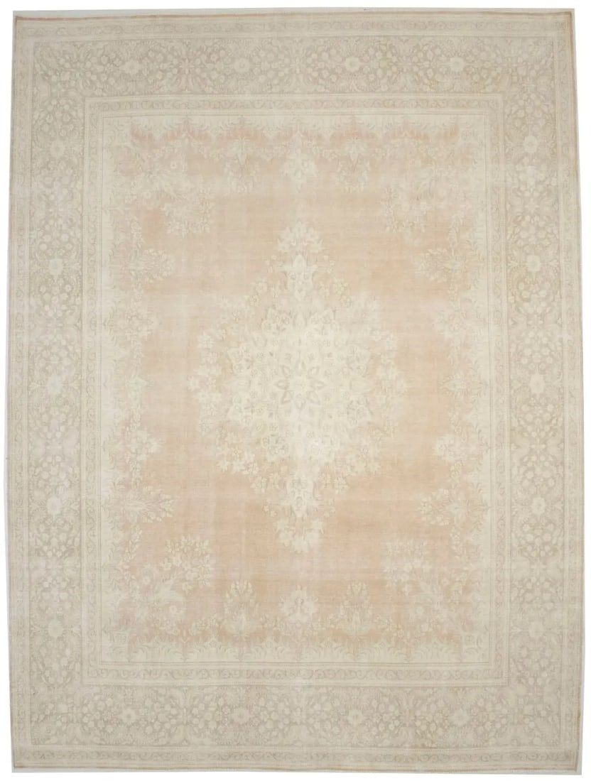 Antique Muted Orange Floral 10X13 Kerman Persian Rug: Title:Antique Muted Orange Floral 10X13 Kerman Persian Rug Description:Handmade antique 10X13 orange Persian rug made with vegetable dyes (fine wool pile and cotton foundation), superior knot count, a