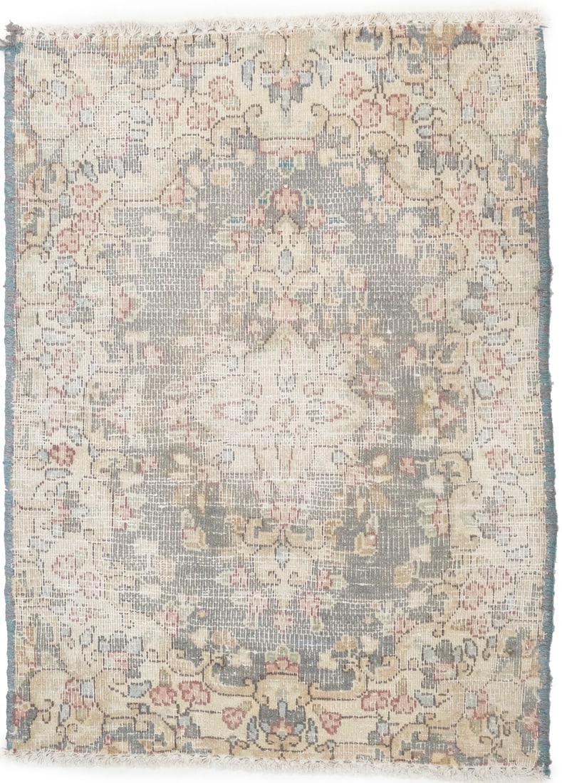 Antique Muted Taupe Floral 1'6X2'0 Distressed Vintage Oriental Rug: Title:Antique Muted Taupe Floral 1'6X2'0 Distressed Vintage Oriental Rug Description:Hand Knotted 1'6X2'0 gray oriental rug made with vegetable dyes (fine wool pile and cotton foundation), superior kn