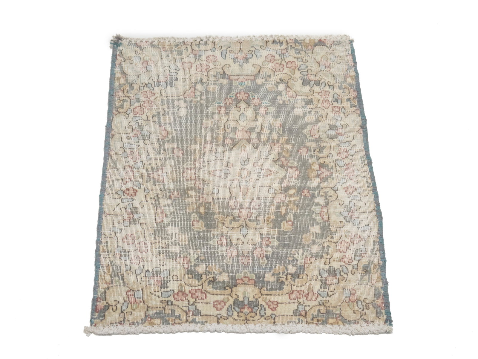 Antique Muted Taupe Floral 1'6X2'0 Distressed Vintage Oriental Rug - 3