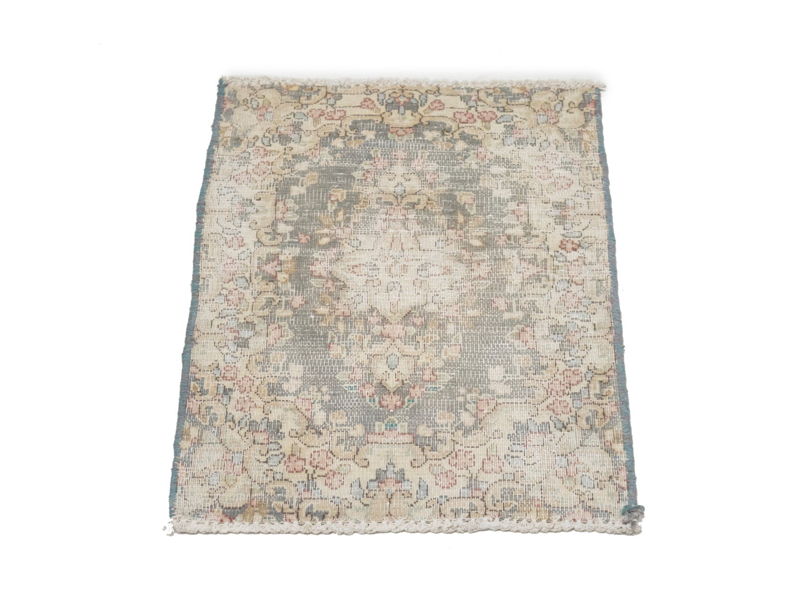Antique Muted Taupe Floral 1'6X2'0 Distressed Vintage Oriental Rug - 7