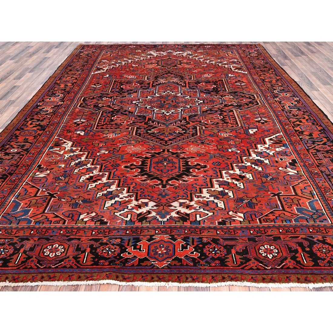 Imperial Red, Pure Wool, Hand Knotted, Semi Antique Persian Heriz, Rug - 2