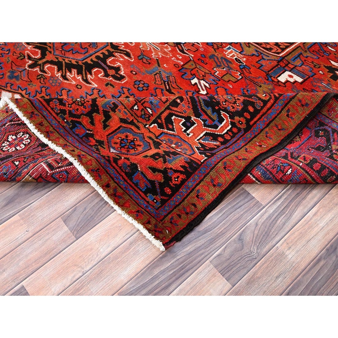 Imperial Red, Pure Wool, Hand Knotted, Semi Antique Persian Heriz, Rug - 6