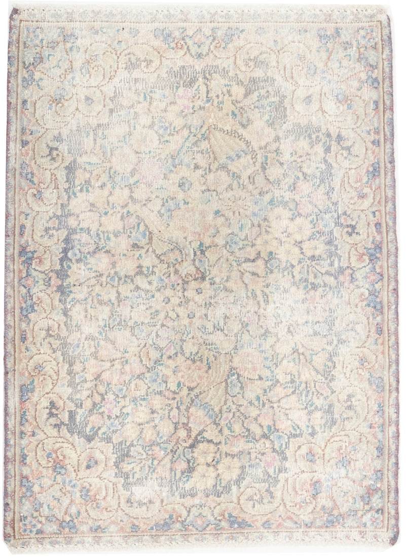 Antique Muted Gray Floral 1'9X2'4 Distressed Vintage Oriental Rug: Title:Antique Muted Gray Floral 1'9X2'4 Distressed Vintage Oriental Rug Description:Handmade 1'9X2'4 gray oriental rug made with vegetable dyes (fine wool pile and cotton foundation), exceptional knot