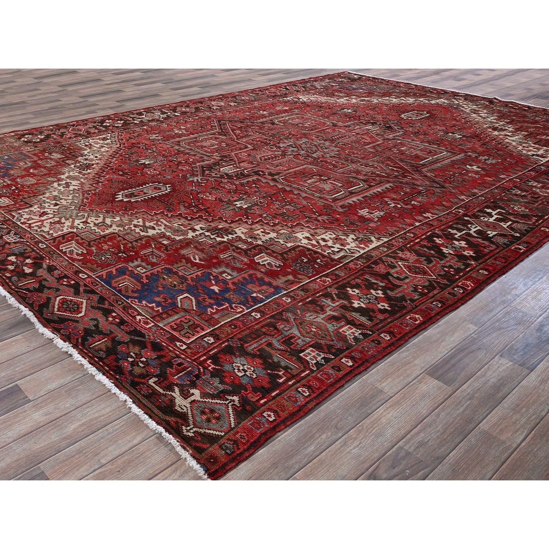 Crimson Red Vintage Persian Heriz Hand Knotted Pure Wool Oriental Rug - 3