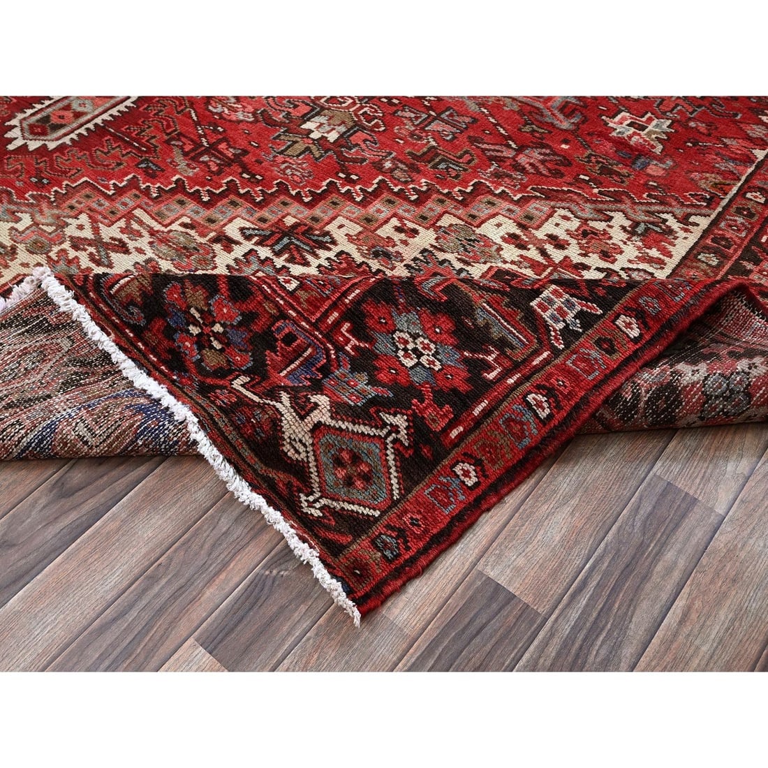 Crimson Red Vintage Persian Heriz Hand Knotted Pure Wool Oriental Rug - 6