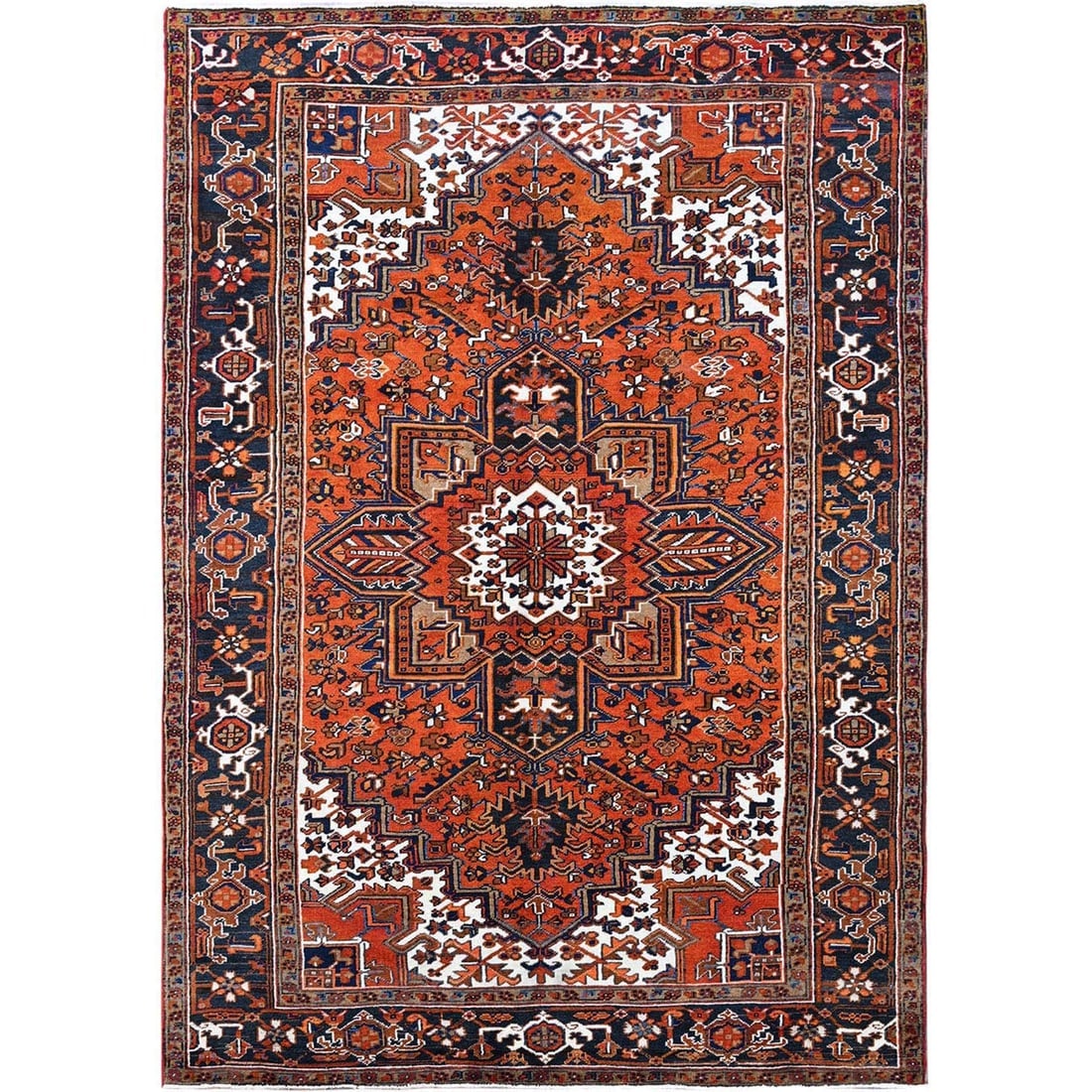Vivid Orange Vintage Persian Heriz Hand Knotted Pure Wool Oriental Rug: Title: Vivid Orange Vintage Persian Heriz Hand Knotted Pure Wool Oriental Rug Description:This is a truly genuine one-of-a-kind. It has been Knotted for months and months in the centuries-old weaving 