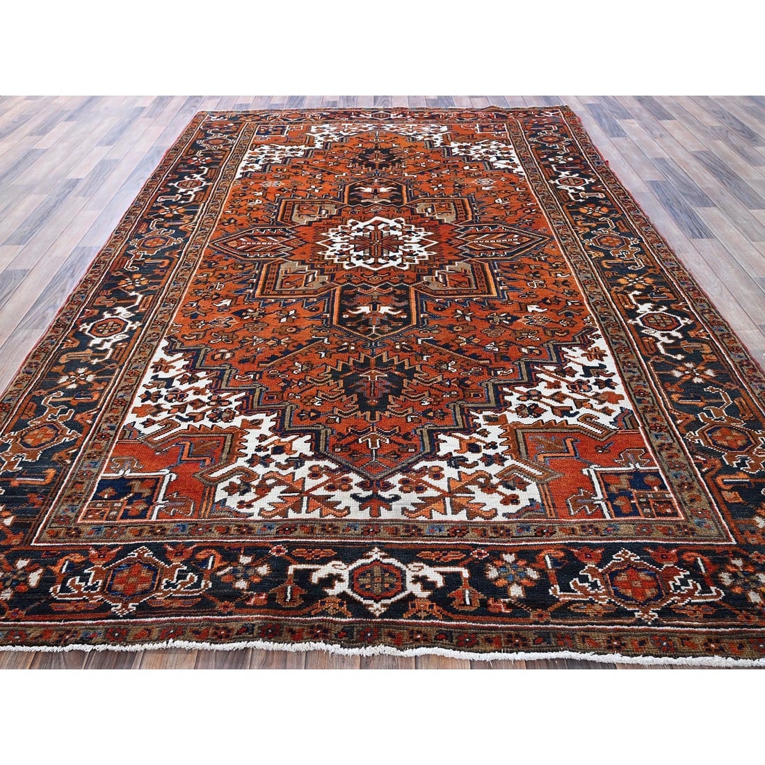 Vivid Orange Vintage Persian Heriz Hand Knotted Pure Wool Oriental Rug - 3