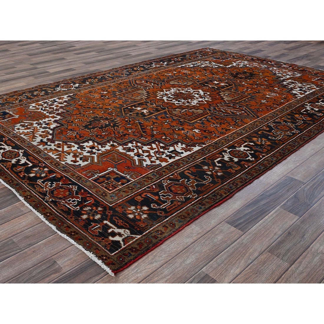 Vivid Orange Vintage Persian Heriz Hand Knotted Pure Wool Oriental Rug - 4