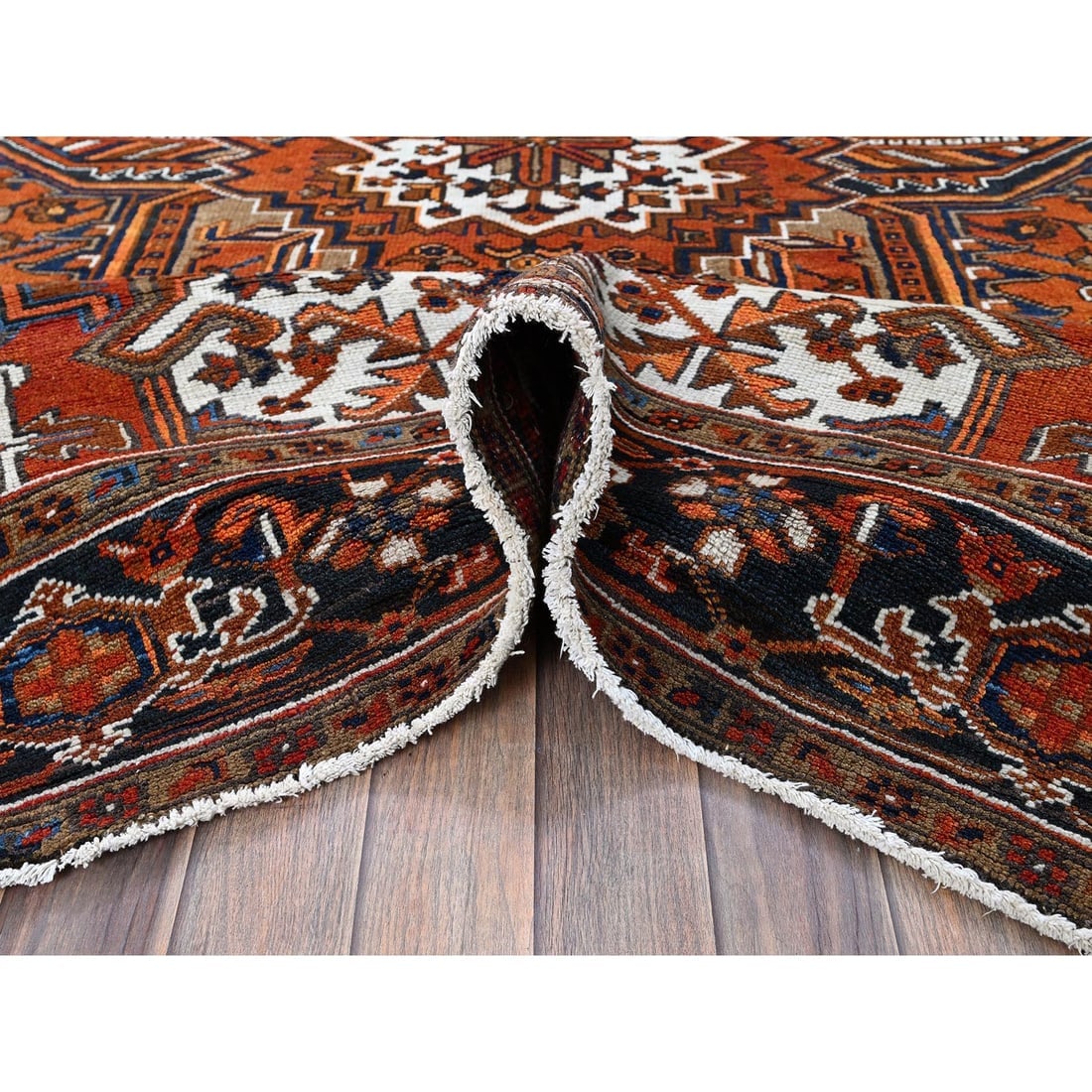 Vivid Orange Vintage Persian Heriz Hand Knotted Pure Wool Oriental Rug - 6
