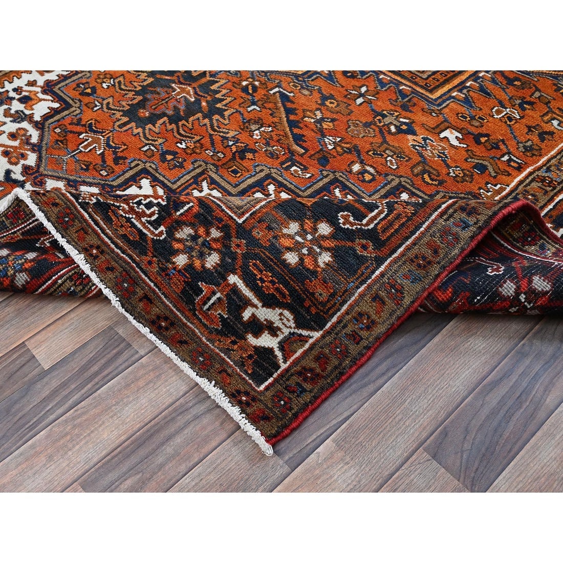 Vivid Orange Vintage Persian Heriz Hand Knotted Pure Wool Oriental Rug - 7