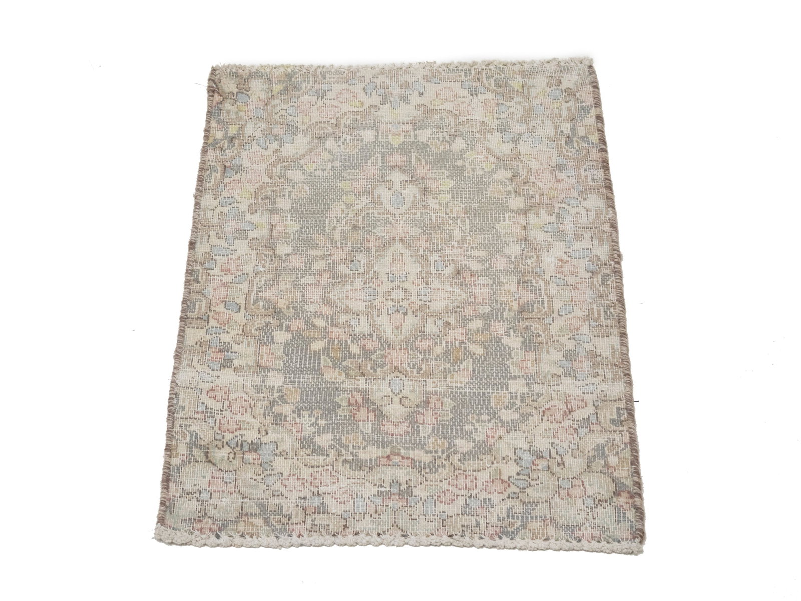 Antique Muted Taupe Floral 1'7X2'2 Distressed Vintage Oriental Rug - 10