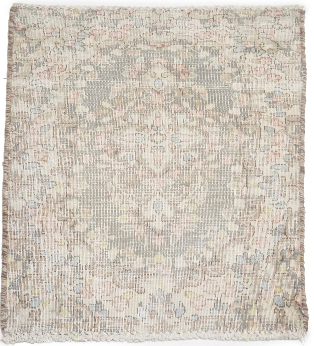 Antique Muted Taupe Floral 1'7X2'2 Distressed Vintage Oriental Rug: Title:Antique Muted Taupe Floral 1'7X2'2 Distressed Vintage Oriental Rug Description:Handmade 1'7X2'2 gray oriental rug made with vegetable dyes (fine wool pile and cotton foundation), superior knot c