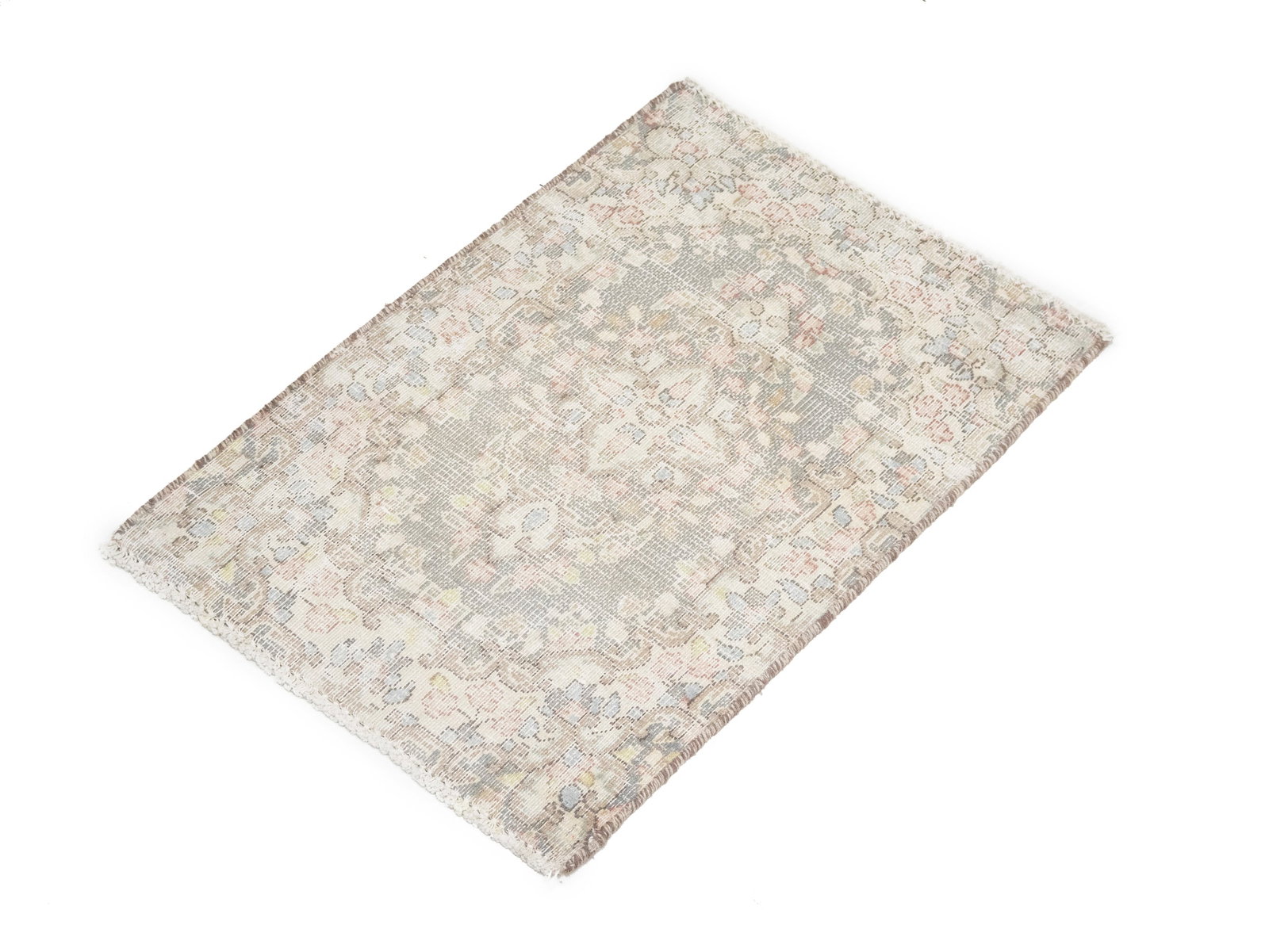 Antique Muted Taupe Floral 1'7X2'2 Distressed Vintage Oriental Rug - 3