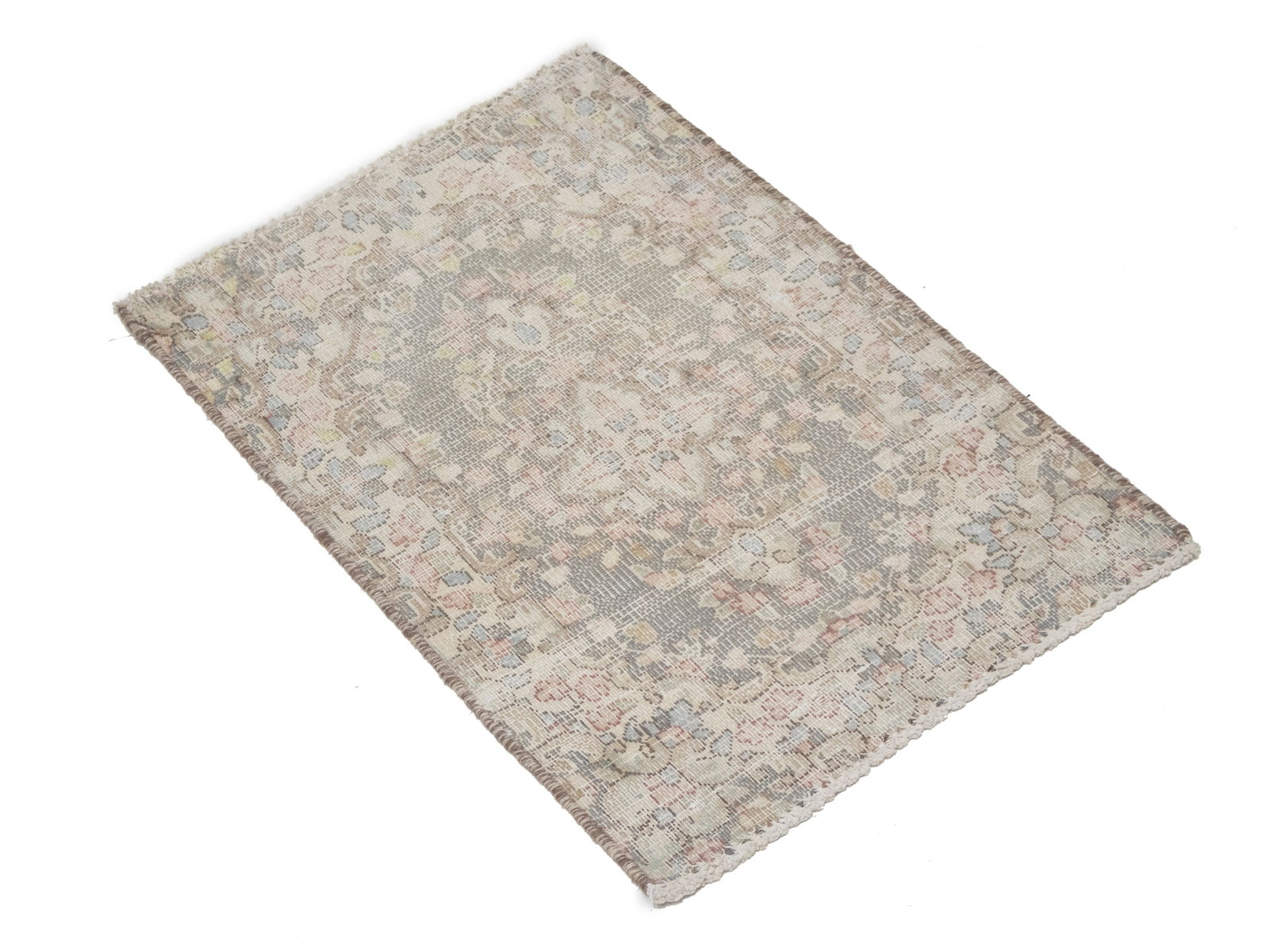 Antique Muted Taupe Floral 1'7X2'2 Distressed Vintage Oriental Rug - 9