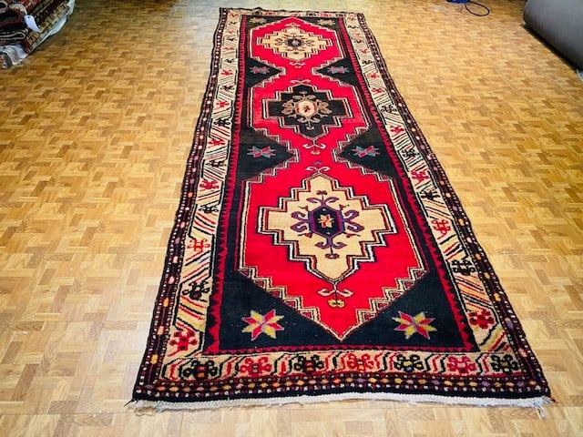 Vintage Turkish Coridor Village Rug-4715-6: Title:Vintage Turkish Coridor Village Rug-4715-6 Description:Powerful vintage Turkish coridor rug , from central Turkey, size 4 ft by 11 ft. 7 inches, circa 1950, excellent condition with good pile