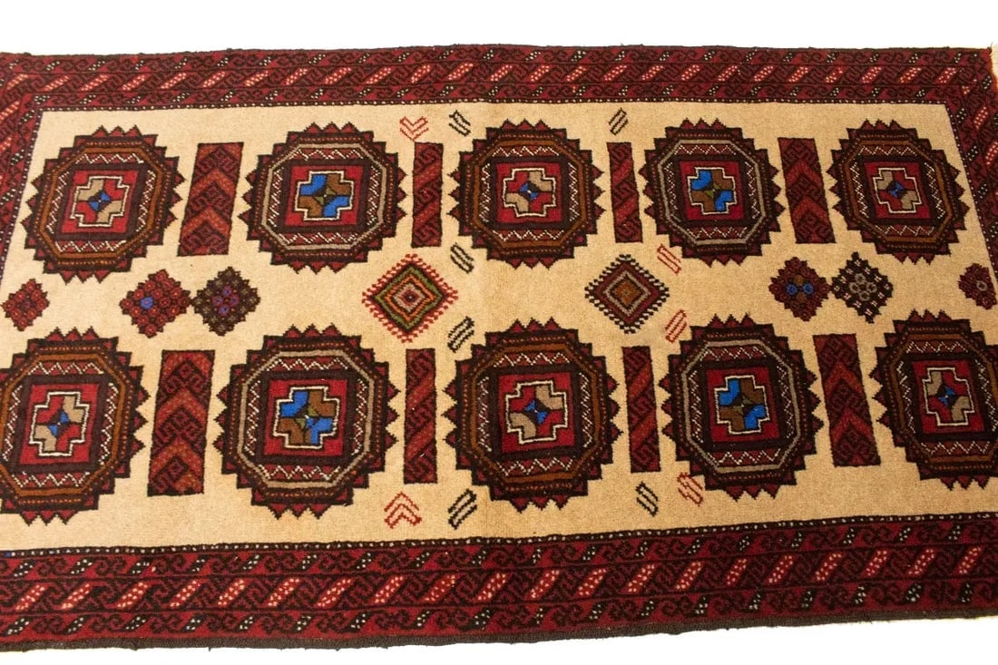Vintage Beige & Red Tribal 3X6 Balouch Persian Rug - 7