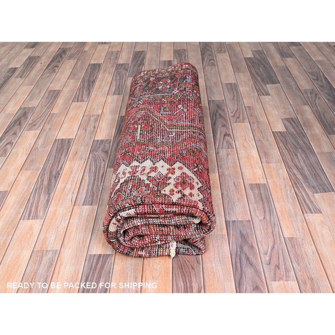 Fire Brick Red, Vintage Persian Heriz Pure Wool Hand Knotted Rug - 9