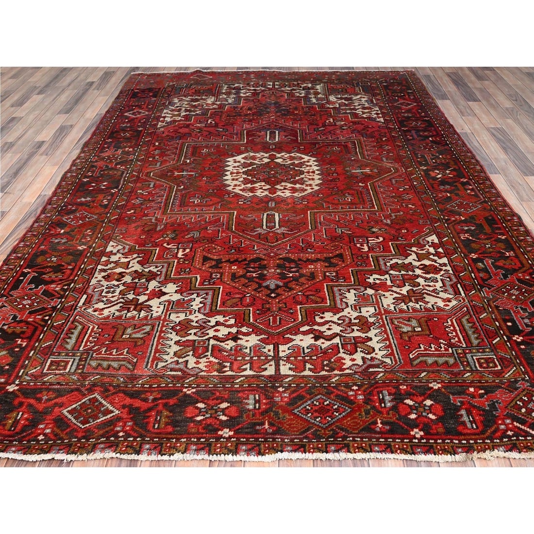 Fire Brick Red, Vintage Persian Heriz Pure Wool Hand Knotted Rug - 2