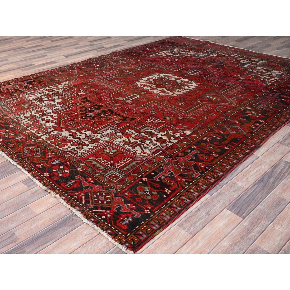 Fire Brick Red, Vintage Persian Heriz Pure Wool Hand Knotted Rug - 3
